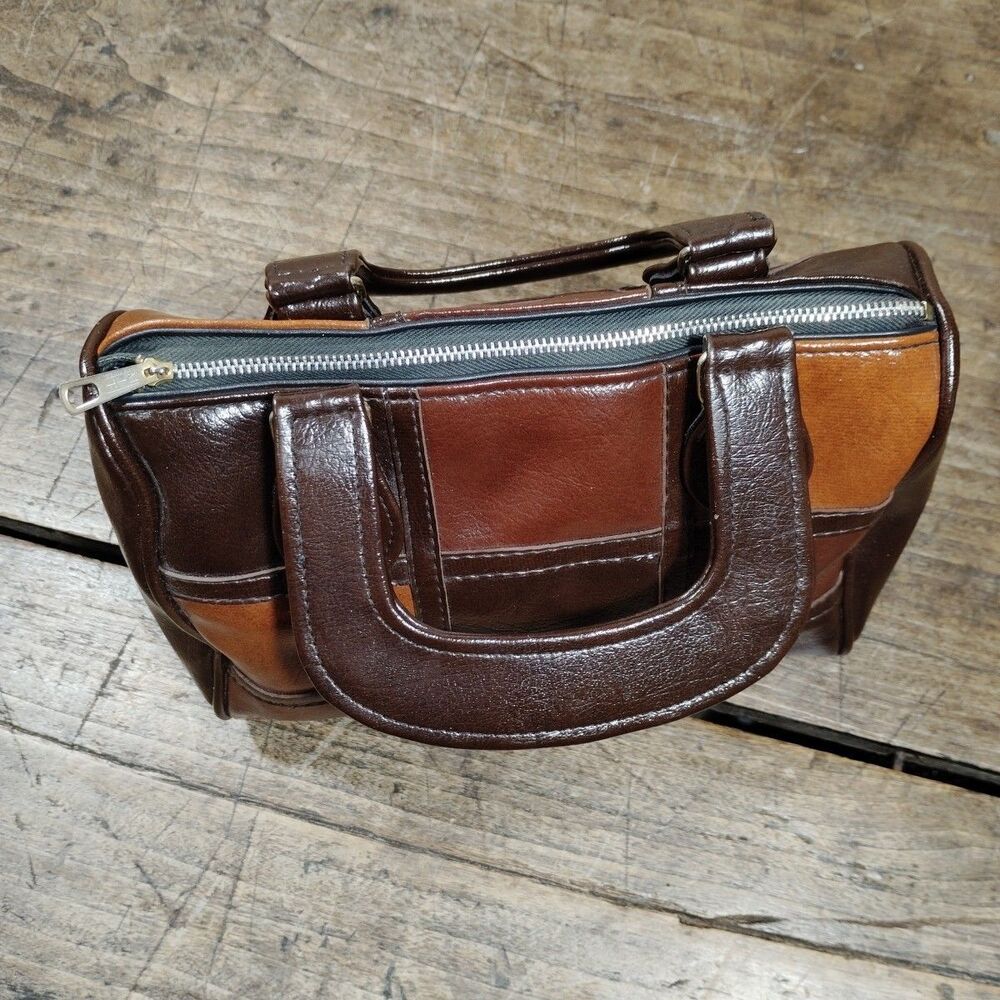 Vintage Sirco Corporation Brown Purse Satchel Bag MCM 1970's Patchwork Square - Picture 6 of 14
